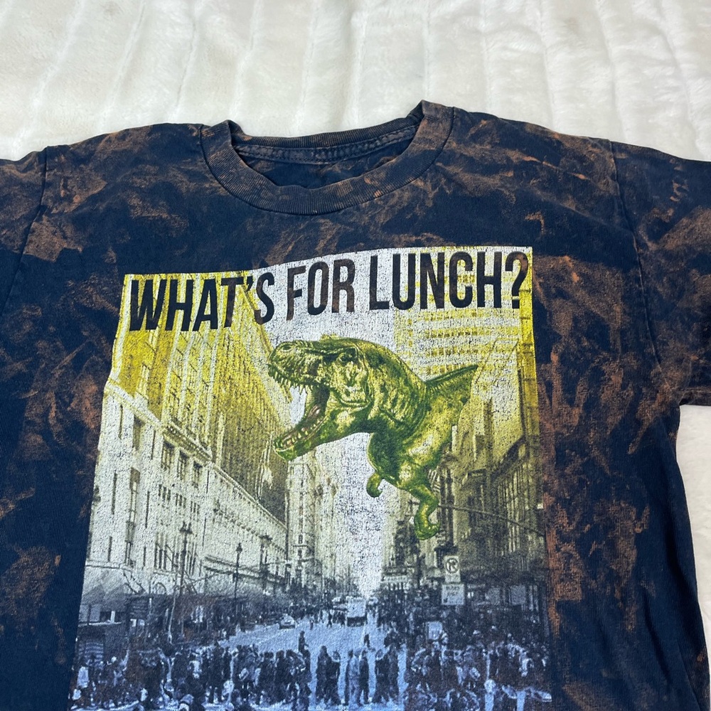 “What’s For Lunch?” Kids 10/12 Dino T-Rex Bleach Dye School Upcycle Tee Fall